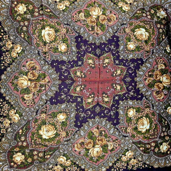 Shawl Large Wool Russian Style Pavlovo Posad Flowers - Picture 3 of 8